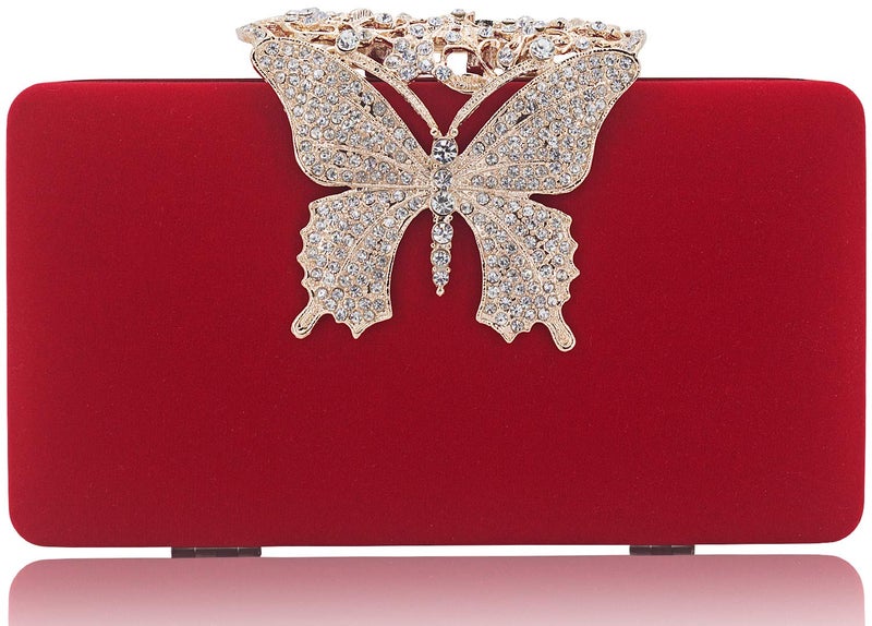 DEXMAY DM Dexmay Unique Velvet Clutch with Rhinestone Crystal Butterfly Clasp Women Evening Bag for Formal Party Red - Image 1